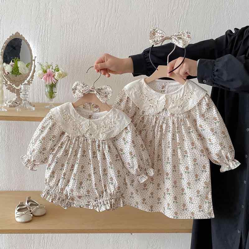 ベビー服 女の子 ロンパース ワンピース 綿100% 肌に優しい A類安全基準 長袖 レース 小花柄 プリンセス かわいい 姉妹服 お揃い シスターコーデ 普段着 お出かけ着 春秋