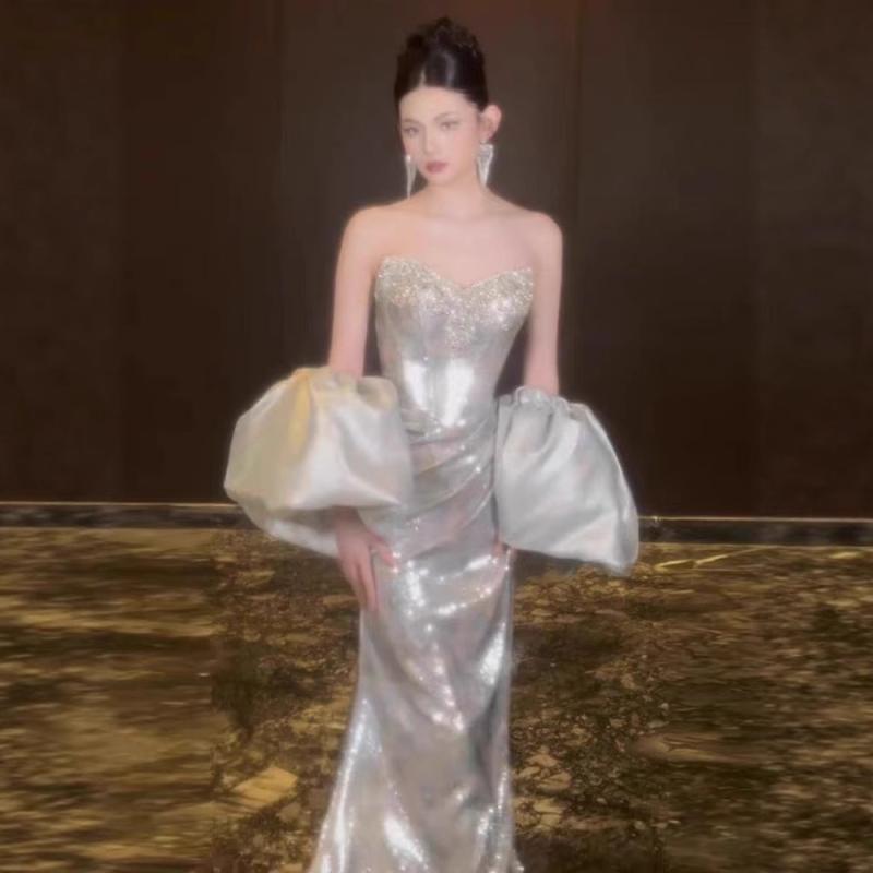 ワンピース レディース ドレス ロング 演奏会 マキシ丈 ウェディング 結婚式 披露宴 二次会 パーティー 発表会 ビスチェ ベアトップ タイト マーメイド 絞り染め ビーズ スパンコール イブニングドレス フォーマル 綺麗め エレガント|モズラボ