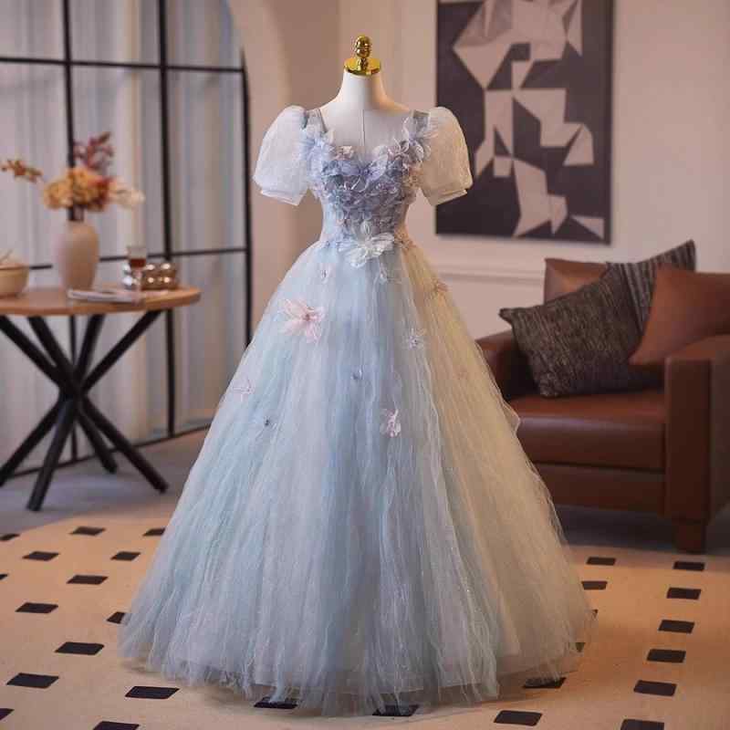 ドレス レディース ロングドレス カラードレス ブルー 演奏会用 ウエディングドレス お呼ばれ 結婚式 披露宴 二次会 パーティードレス プリンセスライン パフスリーブ Aライン エレガント｜モズラボ