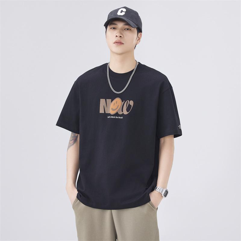 Tシャツ メンズ 吸汗速乾 笑い顔プリント クルーネック 半袖 ゆったり ドロップショルダー ベーシック カジュアル 綿 快適素材 遊び心あるデザイン おしゃれ トップス