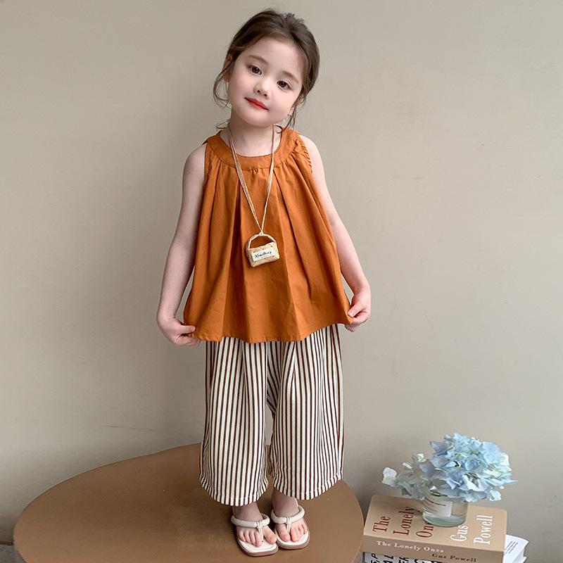 セットアップ キッズ 女の子 子供服 薄手 涼しい 春夏 おしゃれ かわいい 韓国ファッション タンクトップ ノースリーブ ワイドパンツ ガウチョパンツ 2点セット ツーピース ポリエステル