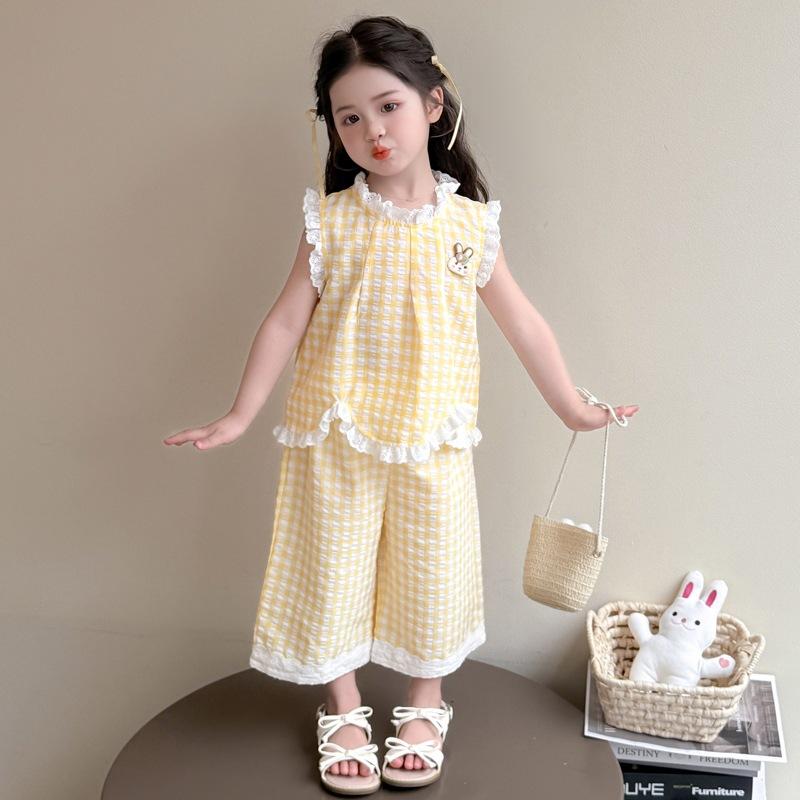 セットアップ 女の子 ガールズ キッズ 子供服 夏服 薄手 チェック柄 格子柄 フリル襟 ノースリーブ 2点セット パンツセット スウィート かわいい ルームウェア 普段着 カジュアル 綿混 3歳 8歳 100cm 140cm