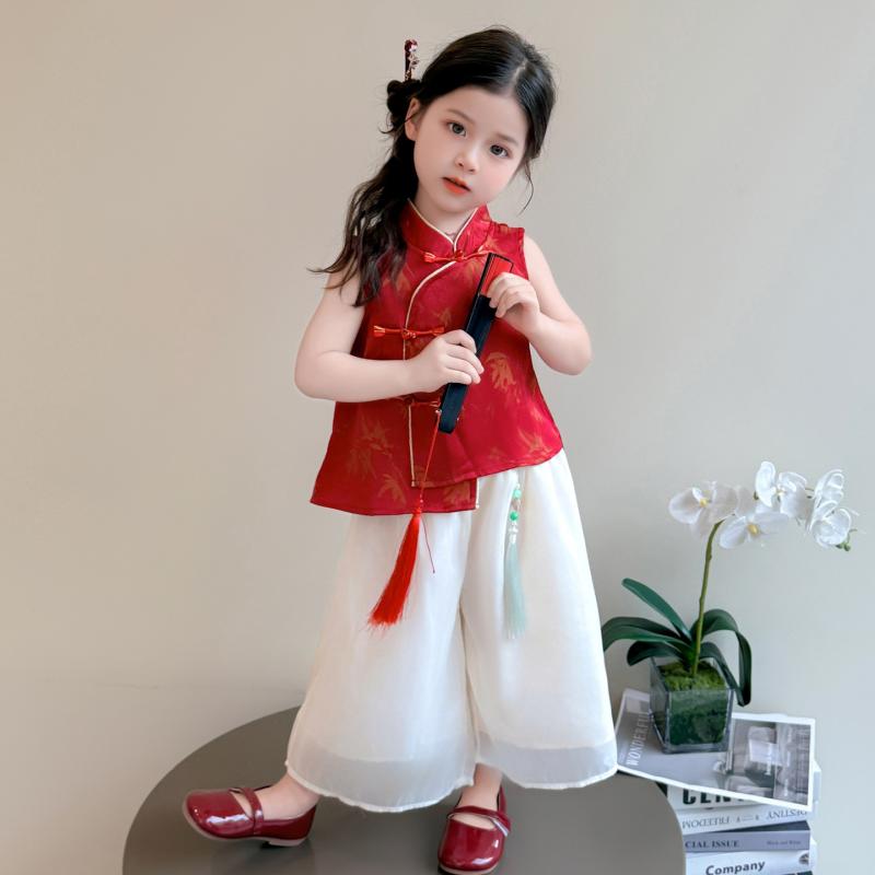 キッズ 女の子 夏服 新中式スタイル チャイナ風 セットアップ ノースリーブ トップス ワイドパンツ 2点セット 薄手 柔らかい お出かけ 普段着 子供服