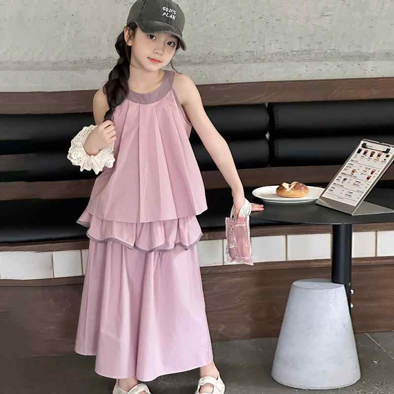 セットアップ キッズ ジュニア 女の子 夏 柔らか コットン 綿混 韓国子供服 おしゃれ かわいい タンクトップ ノースリーブ キュロット スカパン 2点セット ピンク 部屋着 小学生 中学生
