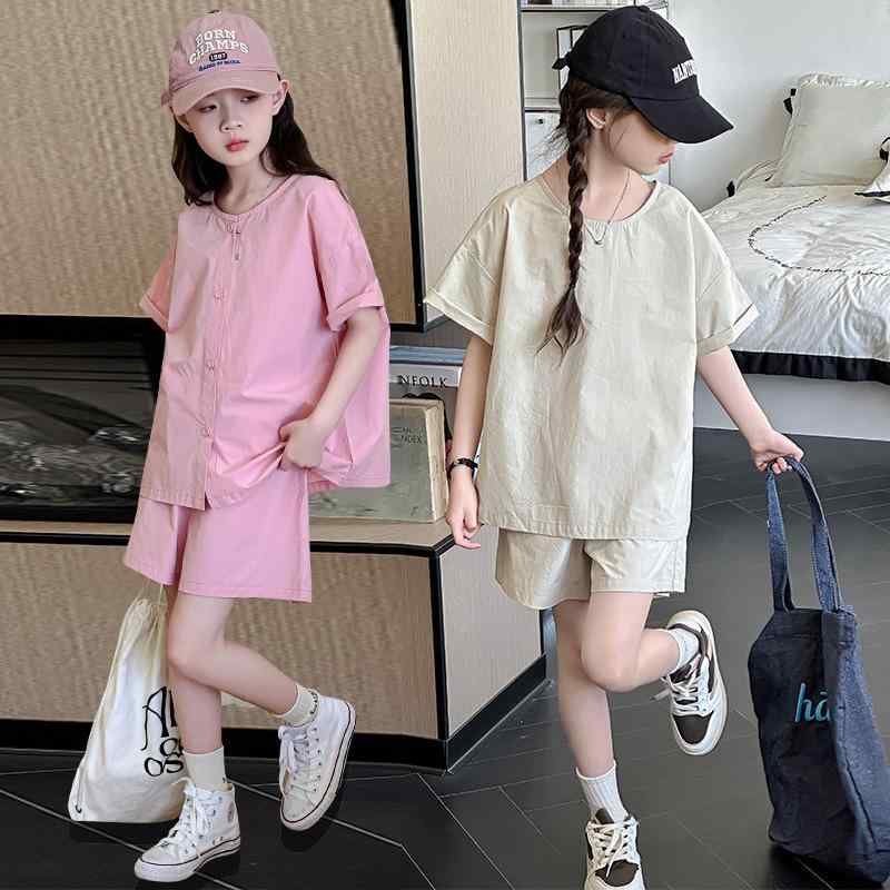 セットアップ 女の子 ジュニア ガールズ スポーツウェア 半袖トップス ショートパンツ 前後2WAY カジュアル 部屋着 普段着 薄手 柔らかい コットン 夏物 おしゃれ トレンド 2点セット ミルクティーベージュ スウィートピンク