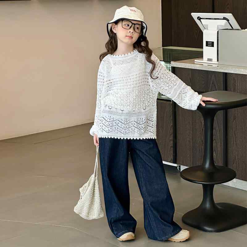 キッズ 女の子 ジュニア 秋 透かし編み ニット セーター レース トップス 長袖 ワイドパンツ 2点セット セットアップ 韓国風 ポリエステル プルオーバー