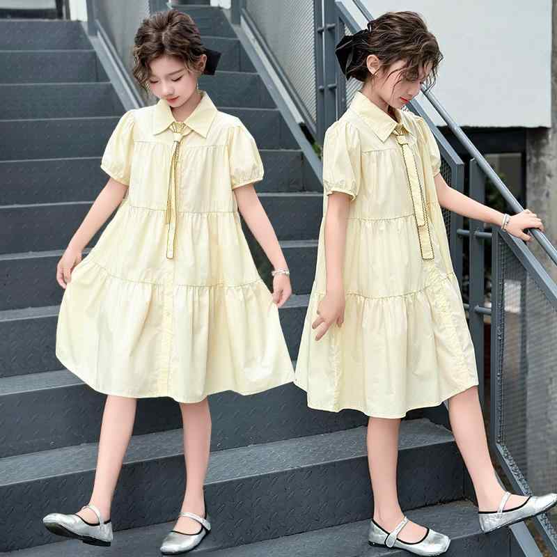 ワンピース 女の子 ガールズ ジュニア 綿素材 肌触りなめらか 半袖 シャツ プリンセス Aライン 夏物 韓国風 おしゃれ かわいい 通学 通園 お出かけ 普段着 薄黄色 イエロー