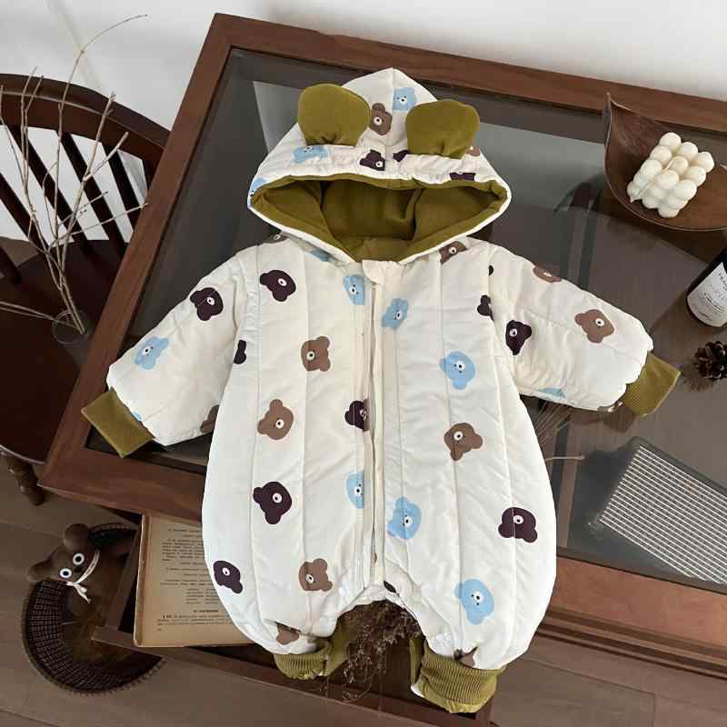 ロンパース 男の子 ベビー 厚手 冬用 フード付き くま キャラクター 中綿入り 保温 お出かけ おくるみ 長袖 ポリエステル 韓国風 男女兼用 1歳 2歳 3歳