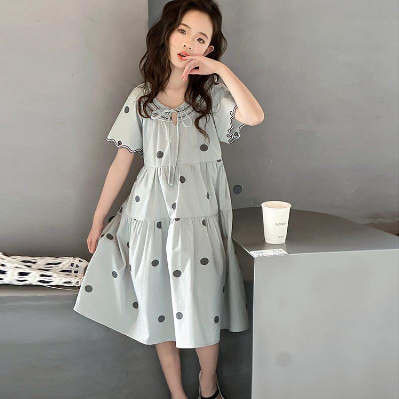 ワンピース キッズ 女の子 ジュニア かわいい 半袖 綿 コットン ソフトタッチ やわらか 水玉 ドット柄 プリンセスライン リボン Aライン グレージュ 夏 春夏 カジュアル 通学 普段着 ロング丈 高身長