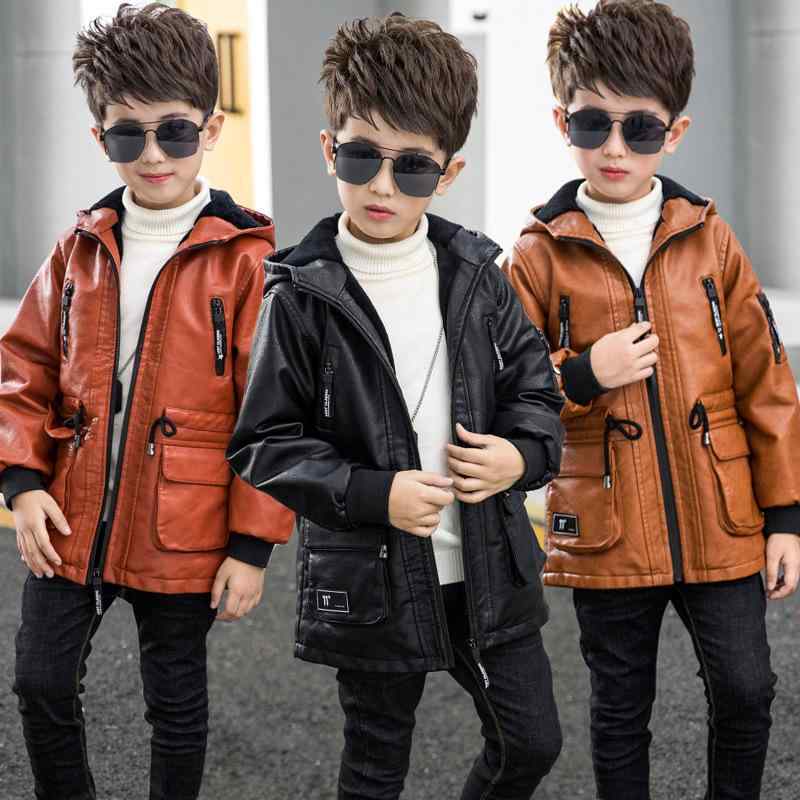 キッズ 男の子 防寒 保温 裏ボア 厚手 PUレザー ジャケット フード付き ジップアップ 韓国風 ショート丈 モッズコート ジュニア 小学生 秋冬 黒 キャメル