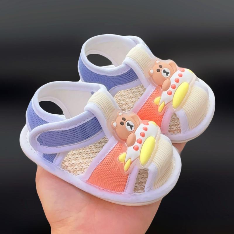 サンダル ベビー 滑り止め やわらか底 ファーストシューズ 男の子 女の子 男女兼用 赤ちゃん 幼児 0ヶ月から1歳 コットン製 かわいい ロケットベア柄 春夏 室内履き画像