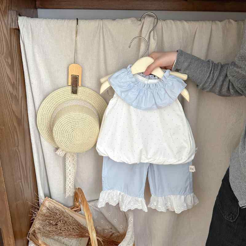ベビー服 女の子 セットアップ 夏 ドット柄 ドールカラー ノースリーブ トップス ベスト 切り替え レース ワイドパンツ 薄手 涼しい 柔らかい 綿100% 赤ちゃん 女児 お出かけ 部屋着 カジュアル 韓国子供服 上下セット