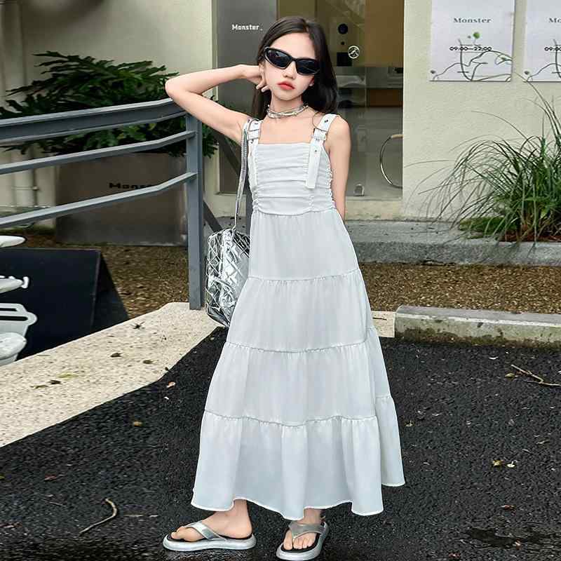 ワンピース ガールズ ジュニア 春夏 ノースリーブ シフォン ロング丈 ウエストマーク キャミソール フレンチ ヘップバーン風 おしゃれ きれいめ Aライン ポリエステル 柔らかな肌触り