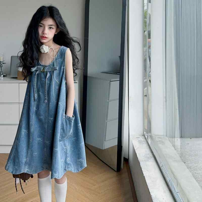 ワンピース 女の子 ジュニア デニム タンクトップ コットン 綿 リボン かわいい おしゃれ プリンセス 春夏 柔らかな肌触り 通学 普段着 ブルー 120-170cm対応