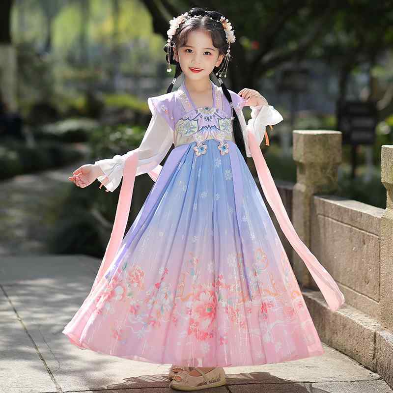 ワンピース キッズ 女児 漢服 唐装 チャイナドレス 中国風 古風 発表会 舞台衣装 イベント プリンセス 花柄 切り替え 薄手 涼しい 柔らかな肌触り 春夏