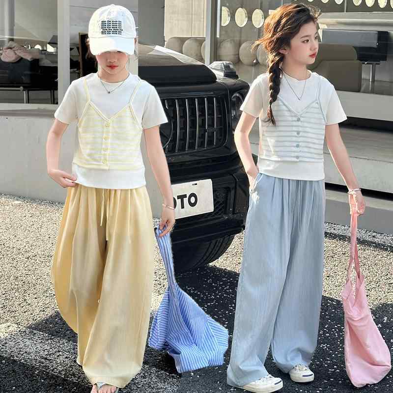 セットアップ 女の子 ジュニア 重ね着風 フェイクレイヤード 綿混 薄手 ソフトな肌触り 半袖Tシャツ ロングパンツ 2点セット 夏物 韓国ファッション カジュアル おしゃれ 上下セット 4,762円