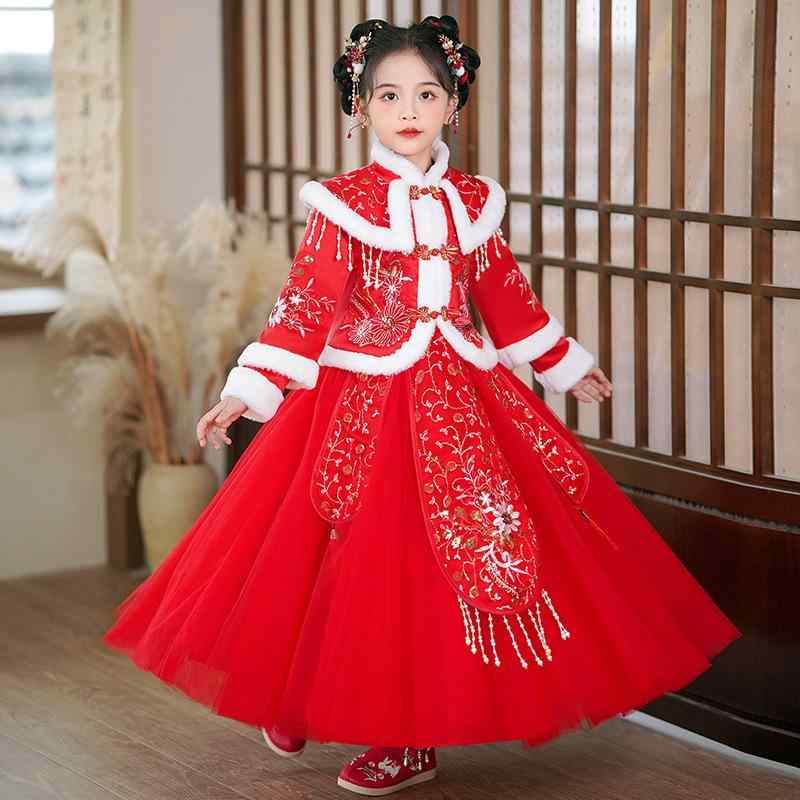 民族衣装 キッズ 女の子 秋冬 裏起毛 厚手 防寒 中国風 漢服 唐装風 プリンセス風 セットアップ 花柄 新年 お正月 年賀服 発表会 イベント 衣装 フォーマル 高級感