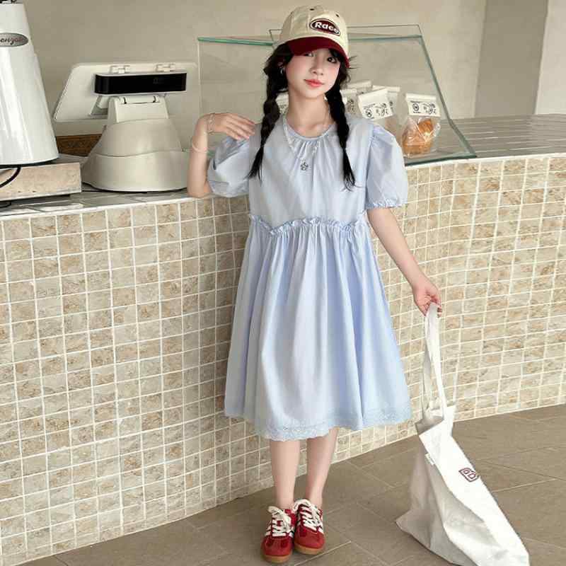 ワンピース ガールズ ジュニア 夏 肌触り抜群 半袖 パフスリーブ レース フリル プリンセスドレス 上品 かわいい コットン 綿80% おしゃれ お出かけ フォーマル