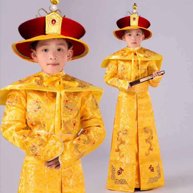 民族衣装 キッズ 男の子 コスプレ 時代劇 中国 古代 皇帝 龍袍 龍刺繍 漢服 唐装 太子 清朝 舞台 演劇 学芸会 イベント ハロウィン 錦織 ポリエステル 黄色 春夏