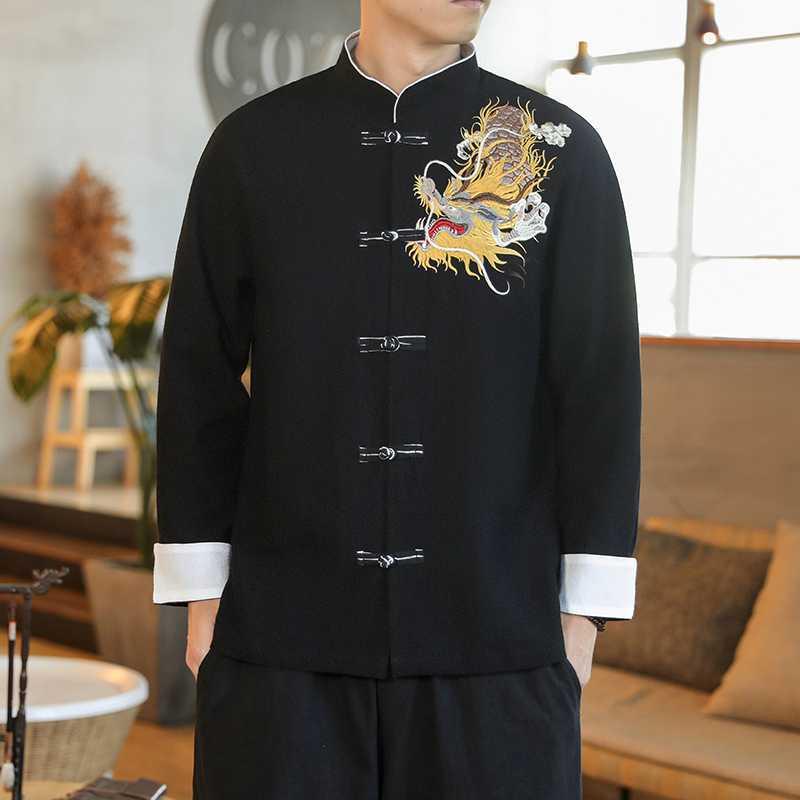 シェフ服 メンズ 夏用 通気性 吸汗速乾 長袖 高級感 龍刺繍 中国風 コックコート 厨房服 調理服 スリムフィット 綿混 ビッグサイズ