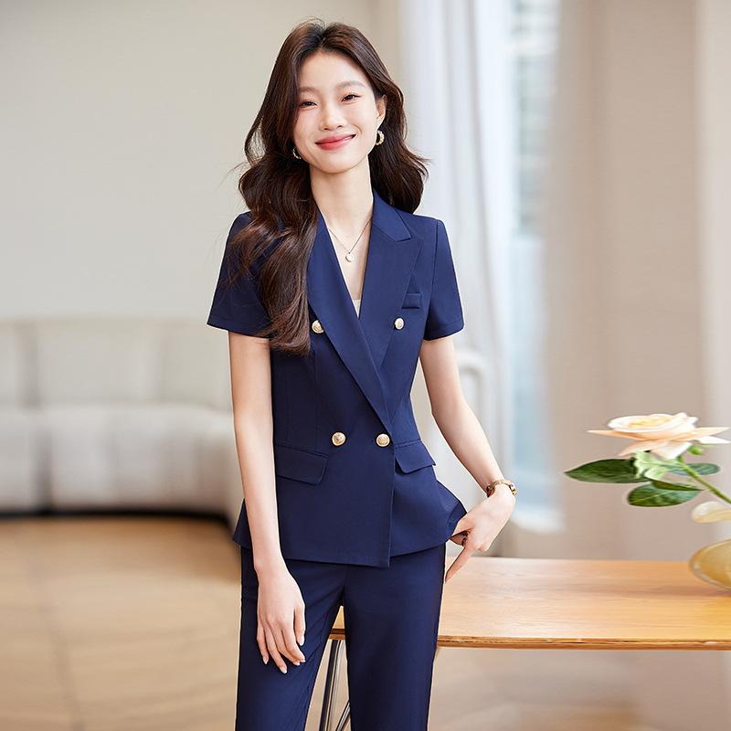 スーツ レディース 半袖 薄手 ポリエステル素材 ビジネス 通勤 オフィス 事務服 OL 制服 パンツスーツ セットアップ 上品 エレガント きれいめ ネイビー ブラック 春夏