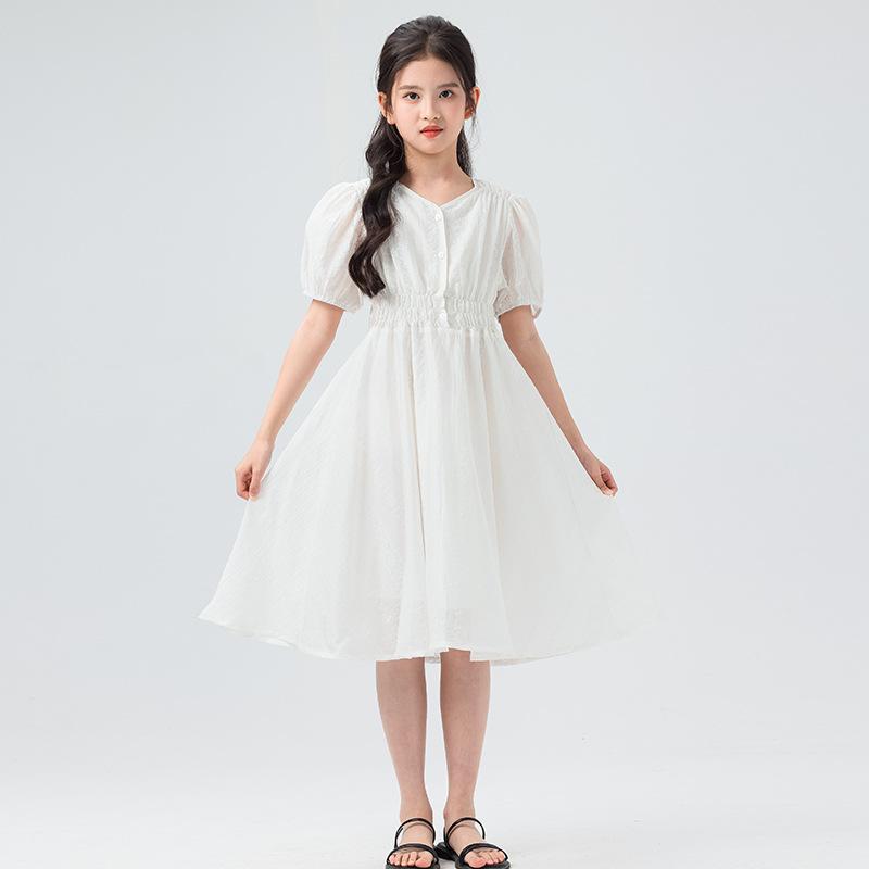 ワンピース キッズ 女の子 ガールズ ジュニア 春夏 薄手 軽量 ウエストマーク テンセル素材 韓国風 プリンセスドレス フレア Aライン 無地 裏地綿100% 上品 かわいい おしゃれ お出かけ リゾート 白 ホワイト