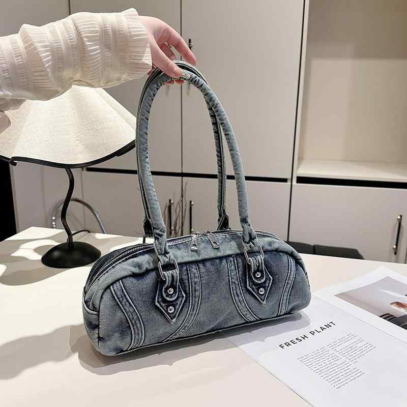 ショルダーバッグ レディース 高級感 上質 デニム バゲットバッグ ボーリングバッグ ピロー型 通勤用 オフィス 肩掛け ワンショルダー ファスナー開閉 春夏 ステッチ 配色デザイン