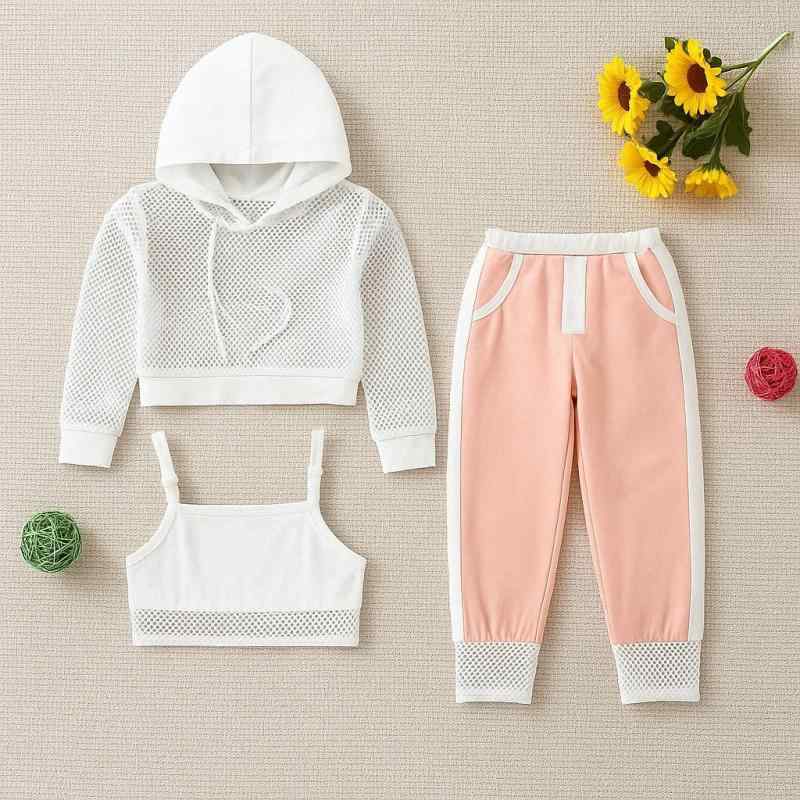 キッズ 女の子 セットアップ 透かし編み フード付き 長袖 ベスト ロングパンツ スリーピース 3点セット 綿 コットン 秋 普段着 カジュアル おしゃれ かわいい ルームウェア 部屋着 小学生 幼児 トドラー ピンク 子供服