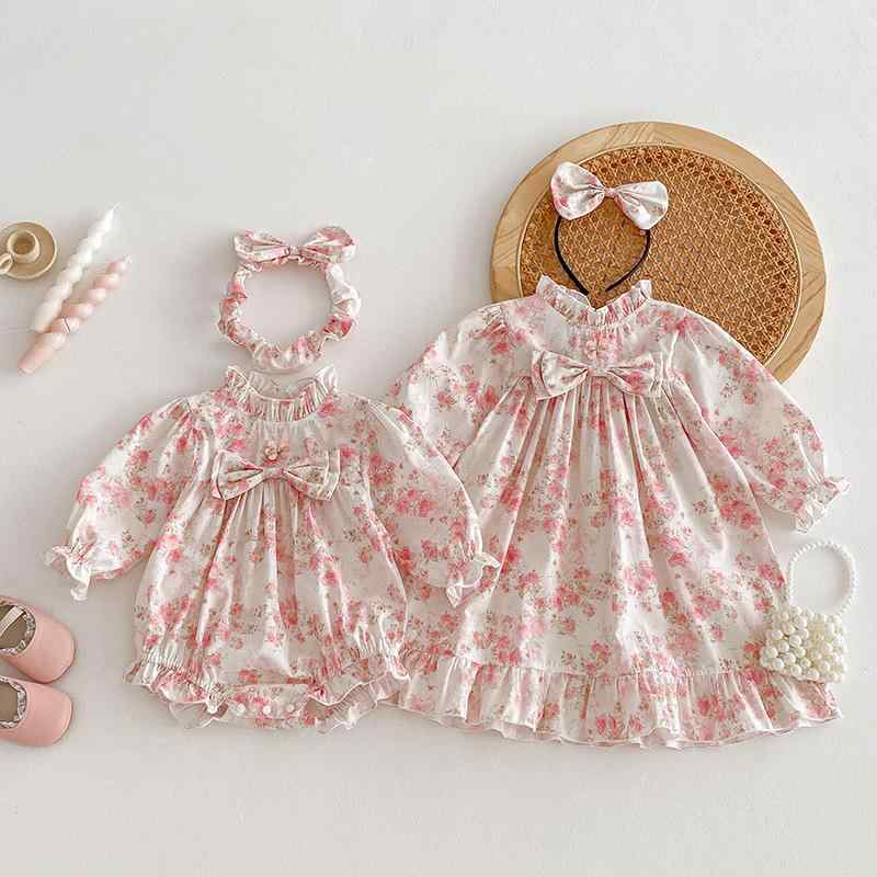 ベビー服 女の子 長袖 小花柄 ワンピース ドレス 三角ロンパース カバーオール 姉妹お揃い リンクコーデ 春秋 肌に優しい 綿100%