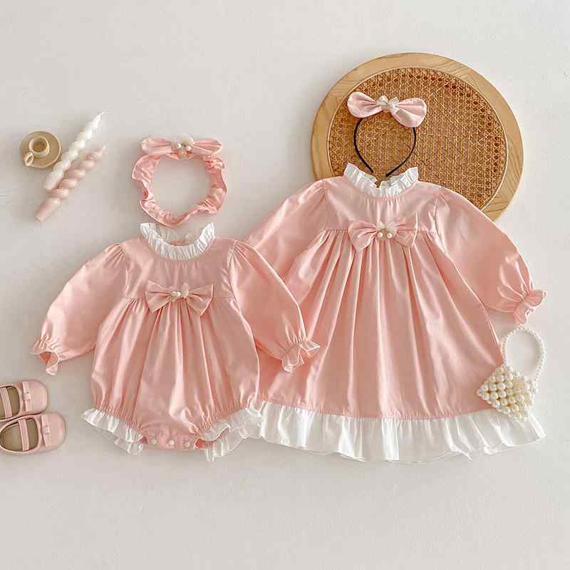 子供服 女の子 安全基準Aクラス コットン100% 長袖 かわいい ピンク プリンセス風 カバーオール ロンパース ワンピース 姉妹お揃い リンクコーデ 春秋