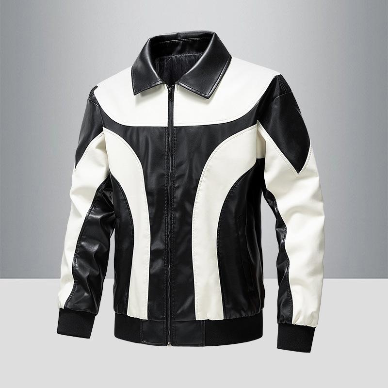 レザージャケット メンズ ツートンカラー 切り替え ライダース レーシング PUレザー ゆったり ストリート系 スタンドカラー ジップアップ 秋物 カジュアルアウター