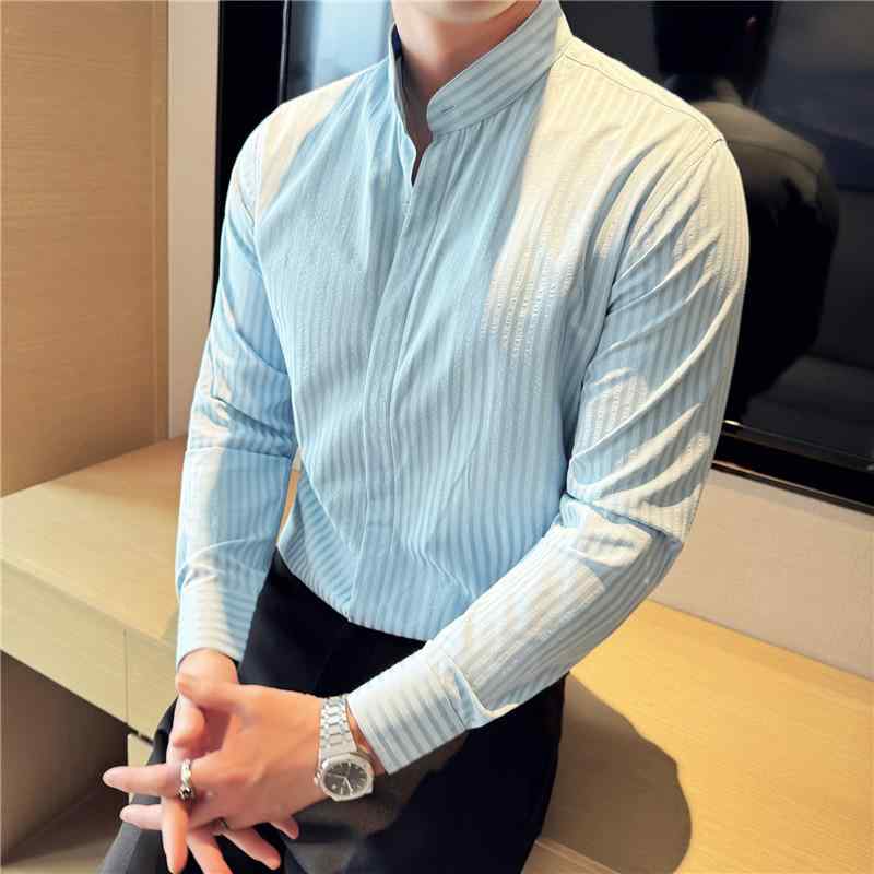 シャツ メンズ 男性用 長袖 新中華風 スタンドカラー 立ち襟 ストライプ 縦縞 カジュアル 高品質 上質 防シワ加工 ノーアイロン 耐摩耗性 ポリエステル素材