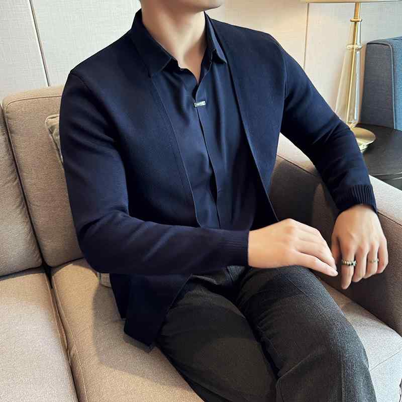 ニット メンズ 男性用 吸湿速乾 ストレッチ シームレス 薄手 フェイクレイヤード Vネック シャツ襟 スリムフィット 春秋物 カジュアル 韓国風 切り替え セーター