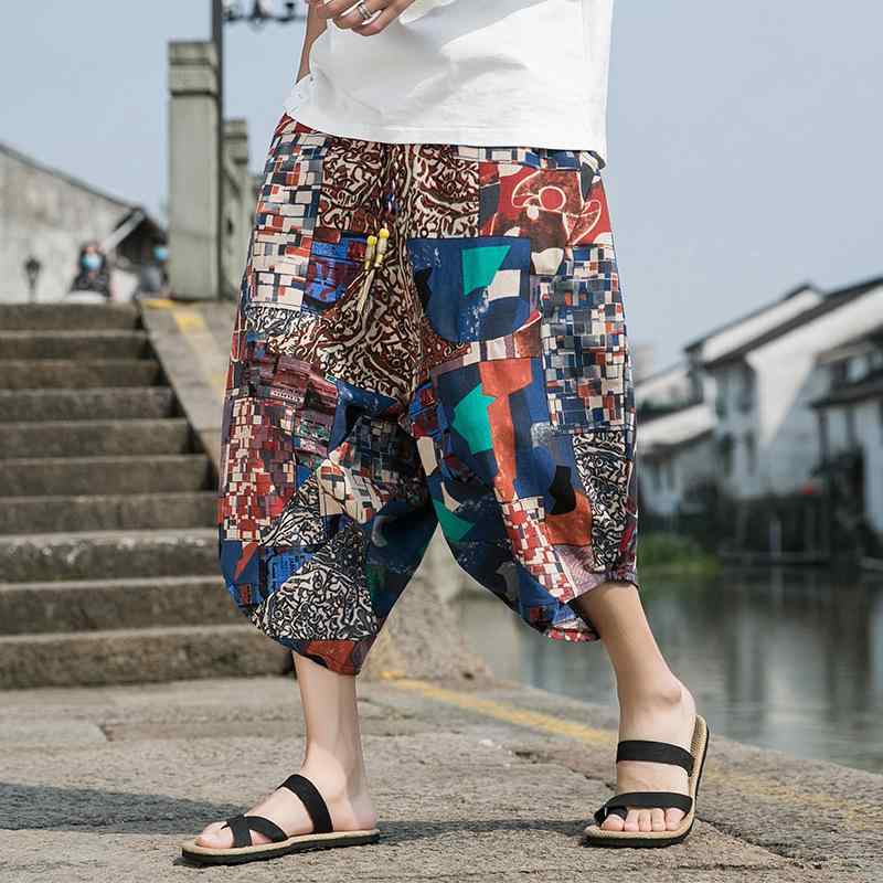 パンツ メンズ ハロンパンツ ワイドパンツ 七分丈 綿麻 春夏 薄手 涼しい エスニック 大きいサイズ ゆったり 部屋着 リラックス ウエストゴム ドローストリング 股上深め