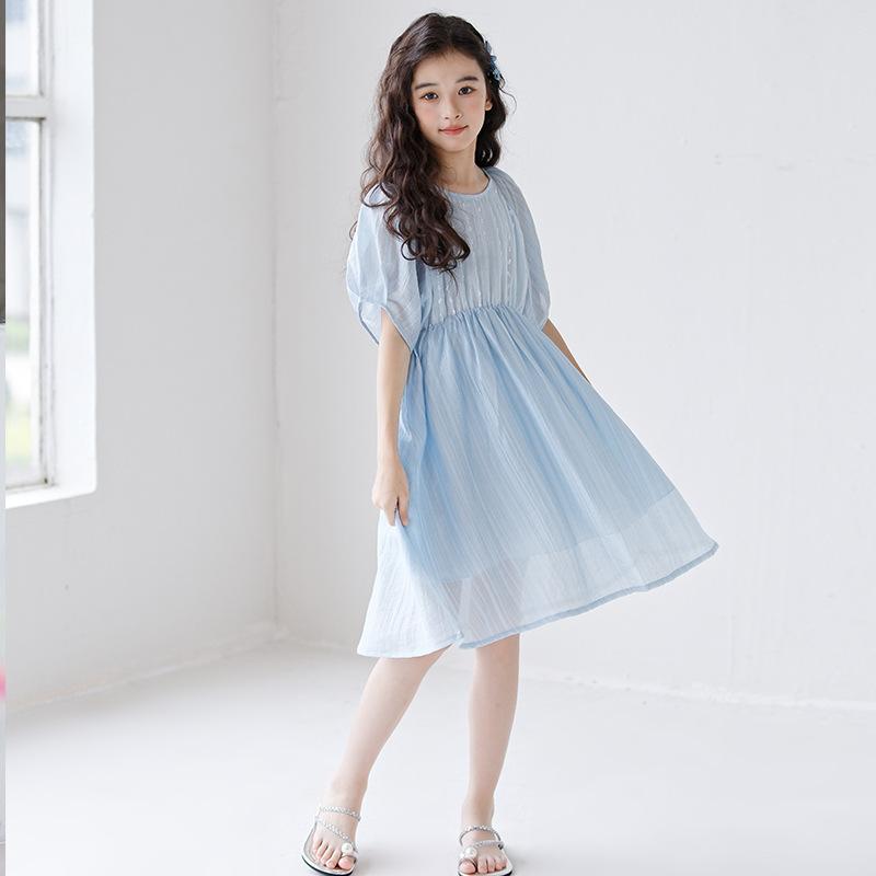 ワンピース 女の子 ガールズ 夏服 テンセル素材 プリンセスドレス かわいい ふんわり 柔らかい肌触り 通気性 無地 ジュニア キッズ 高学年向け ライトブルー