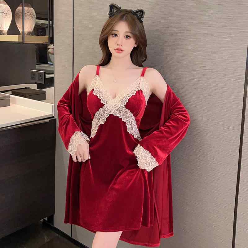 パジャマ レディース 暖かい 保温 セクシー 秋冬春 ベルベット レース Vネック ルームワンピース ガウン 部屋着 授乳用