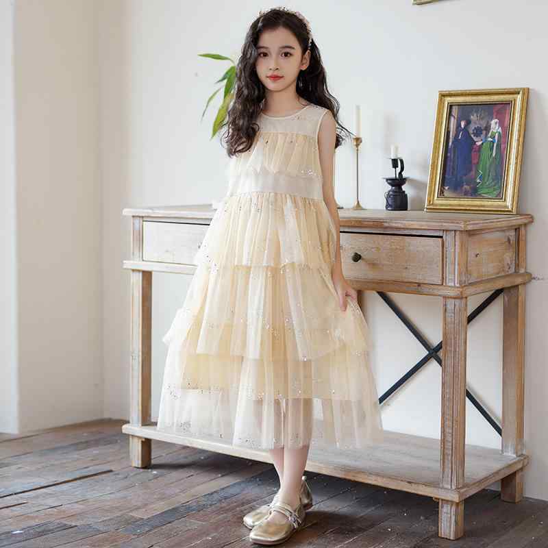 ワンピース 女の子 キッズ ジュニア 春夏 ノースリーブ タンクトップ チュール メッシュ プリンセスドレス 韓国子供服 ティアードスカート 綿混 フォーマル お出かけ 発表会 白 カーキ グレー 小学生 中学生向け 新作