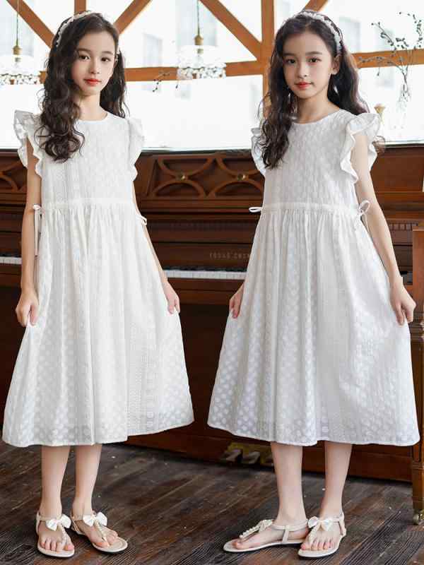 ワンピース 女の子 キッズ ジュニア 夏 フリル袖 ジャカード織り Aライン 綿素材 プリンセスドレス おしゃれ かわいい 上品 韓国子供服 白 120cm 130cm 140cm 150cm 160cm 165cm