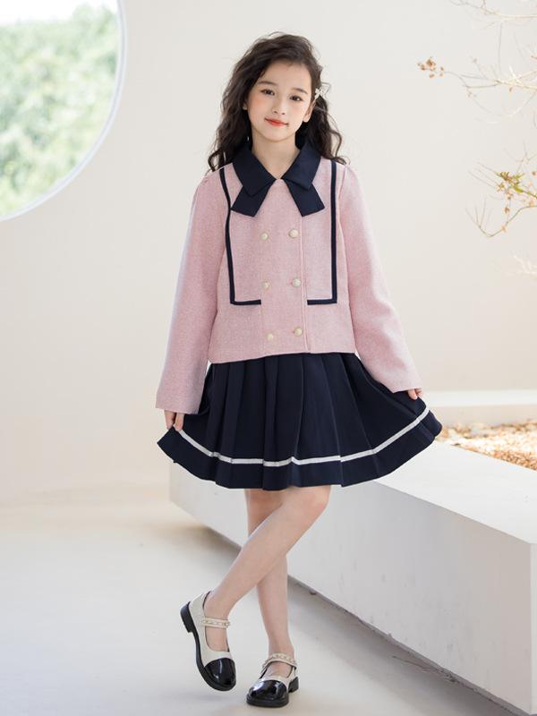 スカートセットアップ ジュニア 女の子 お出かけ セレモニー 上品 おしゃれ クラシカル ダブルブレスト ジャケット プリーツスカート 2点セット 長袖 春秋 子供服 ポリエステル ピンク