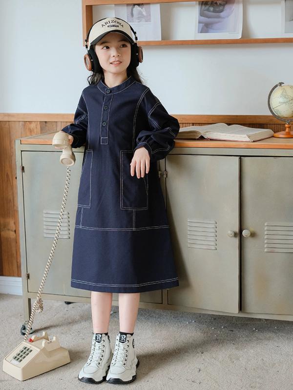 ワンピース 女の子 キッズ ジュニア スタンドカラー 長袖 デニム調 綿麻 Aライン ロング丈 秋冬 親子コーデ 韓国風 カジュアル おしゃれ お出かけ ダークブルー