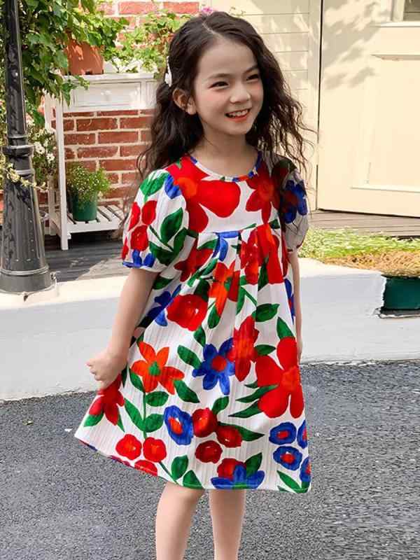 ワンピース 女の子 キッズ ジュニア 半袖 シフォン 柔らか肌触り 大花柄プリント プリンセス風 切り替えデザイン 親子お揃い 韓国風 おしゃれ お出かけ 普段着 夏服 旅行 リゾート