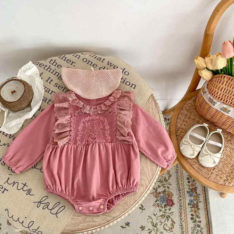 ロンパース カバーオール ベビー 女の子 赤ちゃん 綿100% 厚手 暖かい レース フリル袖 長袖 かわいい 春秋 韓国風 前開き スナップボタン 出産祝い プレゼント