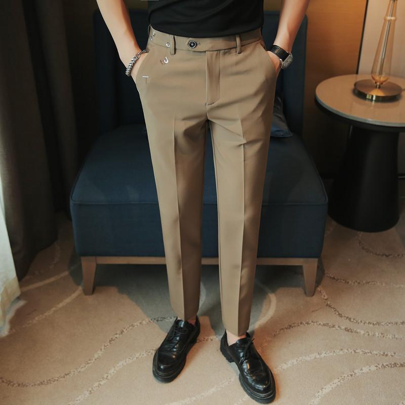 パンツ メンズ 春夏 接触冷感 吸汗速乾 ストレッチ 形態安定 ポリエステル コットン混紡 無地 ロゴ刺繍 スリム ストレート 九分丈 カジュアル スラックス ビジカジ 通勤 きれいめ