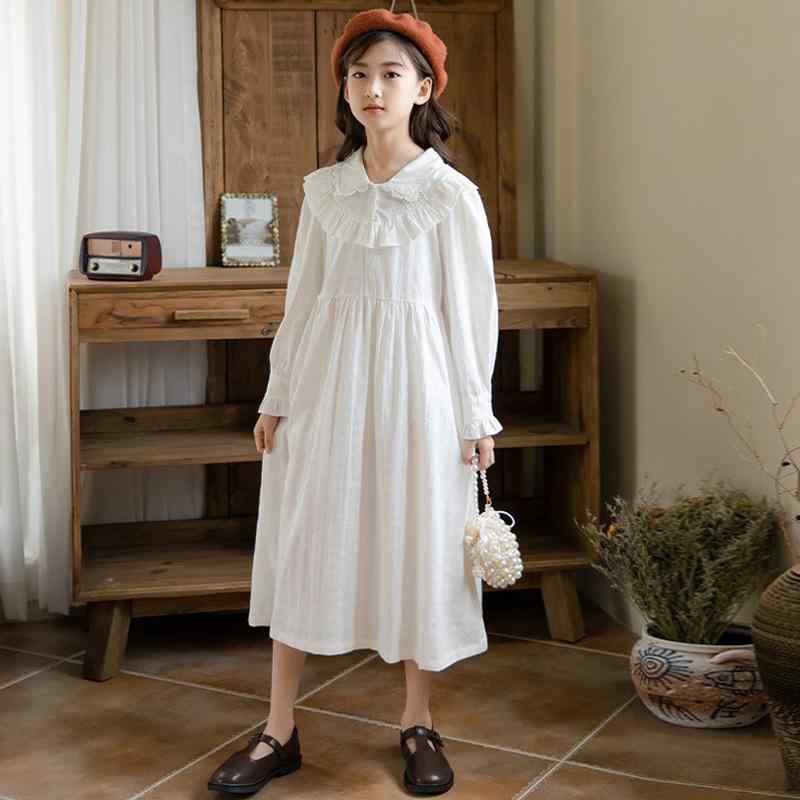 ワンピース キッズ 女の子 UVカット 綿 コットン 韓国風 スイート かわいい プリンセス 長袖 親子コーデ ジュニア 小学生 中学生 春秋 膝下丈 ロング丈 白 ホワイト 子供服
