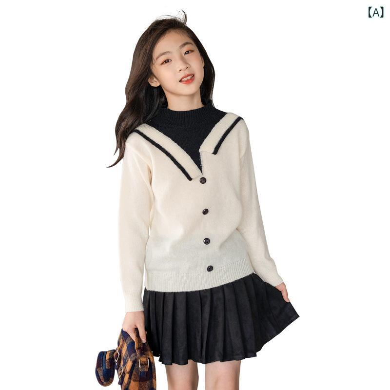 キッズ女の子厚手保温フェイクレイヤードスクール風ニットトップススエード調プリーツスカートセットアップ秋冬通学小学生中学生