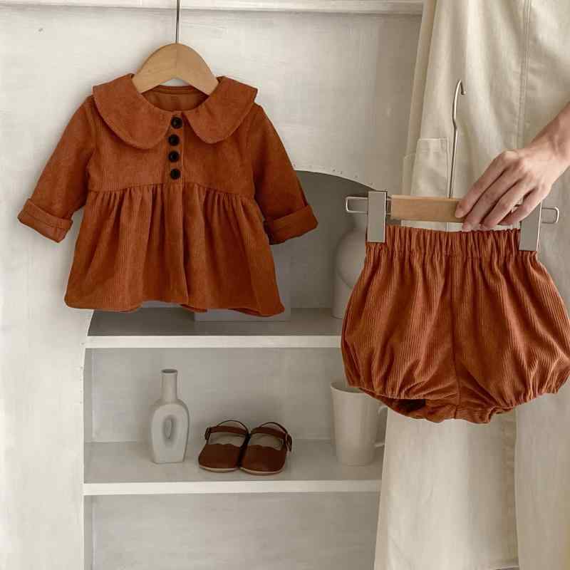 ベビー服 女の子 秋冬 コーデュロイ 長袖 丸襟 トップス ブルマパンツ 2点セット 新生児 0歳 1歳 80cm対応 お出かけ 普段着 ポリエステル ラスティーブラウン