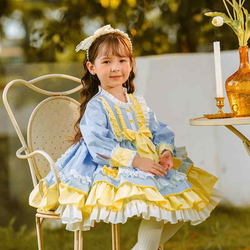 ワンピース 女の子 女児 キッズ 子供 ベビー 長袖 綿 コットン 肌に優しい 安心 かわいい ロリータ ロリィタドレス Aライン お出かけ 普段着 発表会 フォーマル 春秋 ブルー