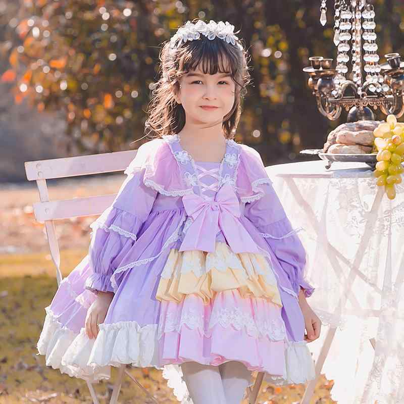 ワンピース 女の子 子供 キッズ 長袖 ロリータ風 プリンセス レース チュール ボリューム スペイン風 Aライン 春秋 ポリエステル 綿裏地 パープル 100-140cm