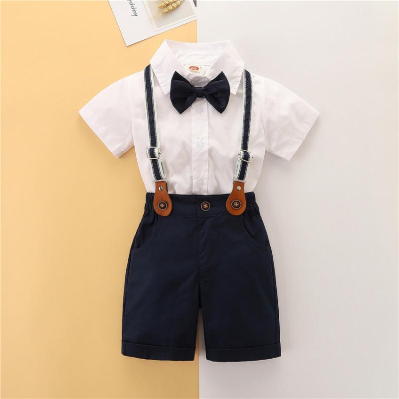 セットアップ 男の子 キッズ ブリティッシュスタイル 夏物 綿95% 半袖シャツ ショートパンツ サスペンダー 3点セット フォーマル セレモニー 結婚式 誕生日 お宮参り 記念日 白