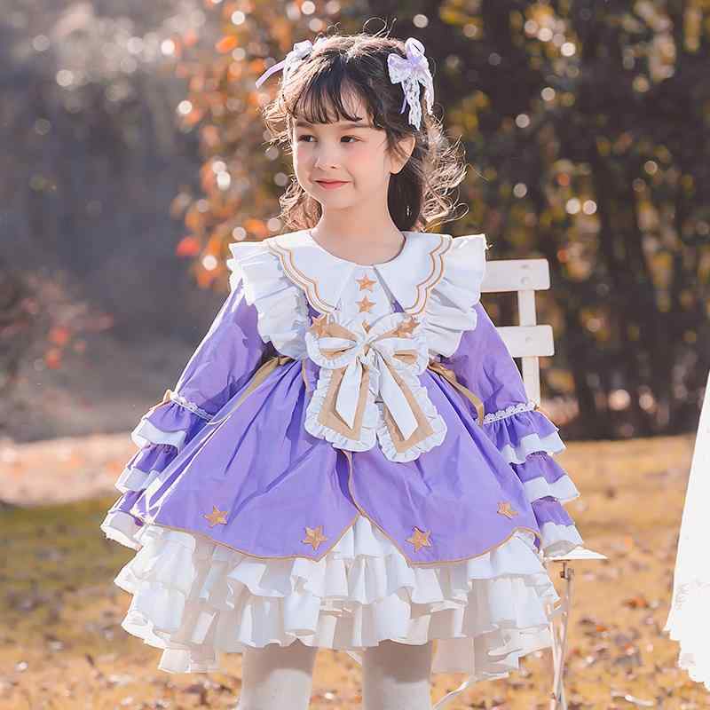 ワンピース 女の子 ロリータ プリンセスドレス 春秋 高級感 綿 フリル ボリュームスカート 長袖 上品 子供服 誕生日 発表会 結婚式 パーティー 紫 100cm 110cm 120cm 130cm 140cm